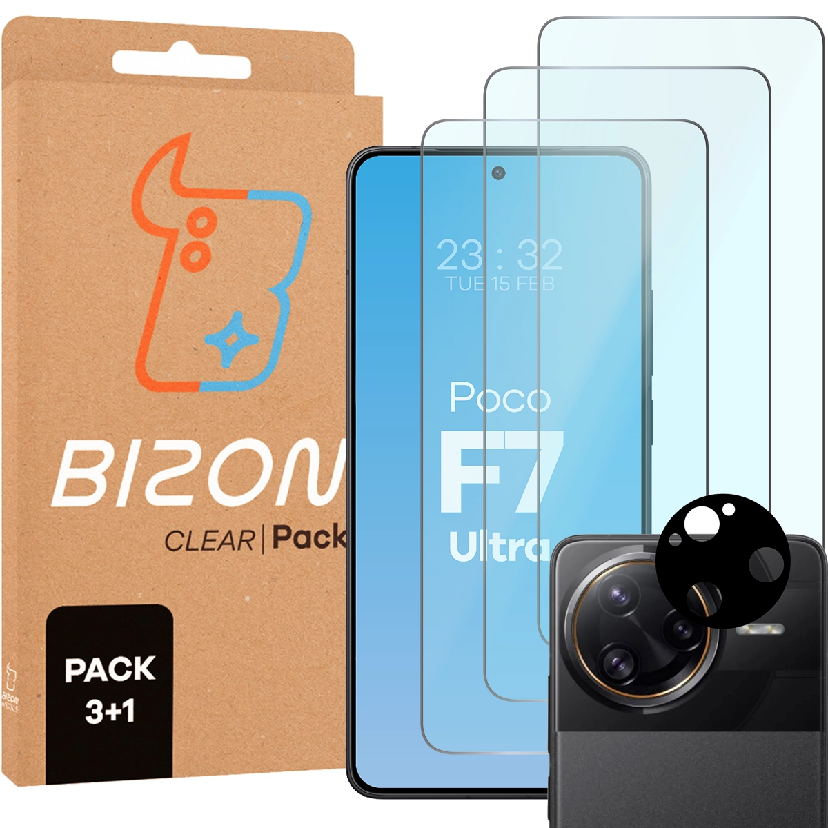 Szkło hartowane Bizon Glass Clear - 3 szt. + obiektyw,  Xiaomi Poco F7 Ultra